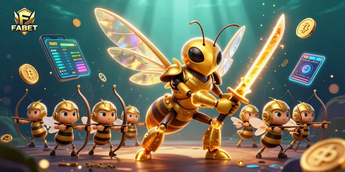 Join FABET's thrilling casino adventure featuring golden hornet samurai battling among neon coins.