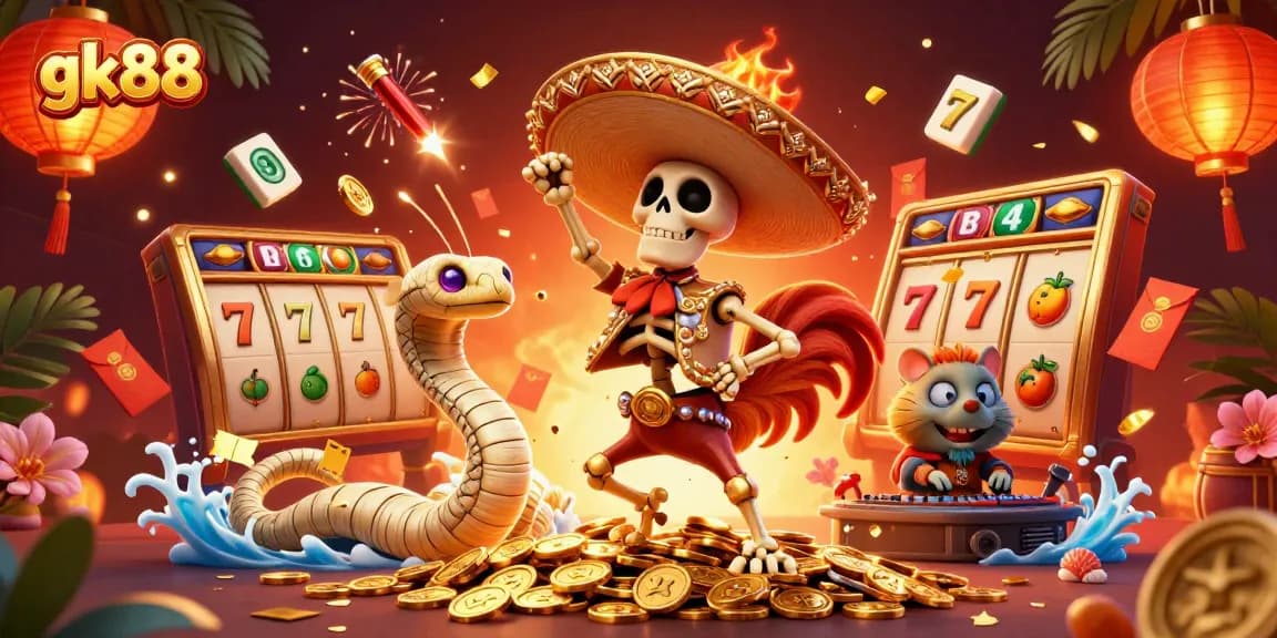 Experience excitement with gk88 as a dynamic trio celebrates on golden coins surrounded by casino elements.