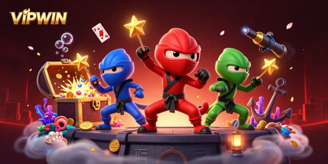 VIPWIN showcases an exciting 3D scene with a ninja chameleon team amidst gambling-themed elements.