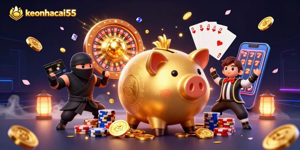 Engage with keonhacai55 strategies through a vibrant casino-themed digital illustration filled with action.