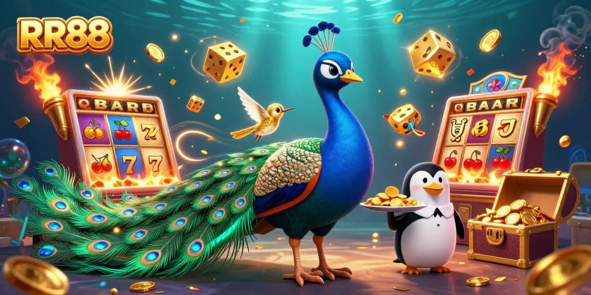 Engage in the exciting world of RR88 with a vibrant 3D casino scene filled with colorful game elements.