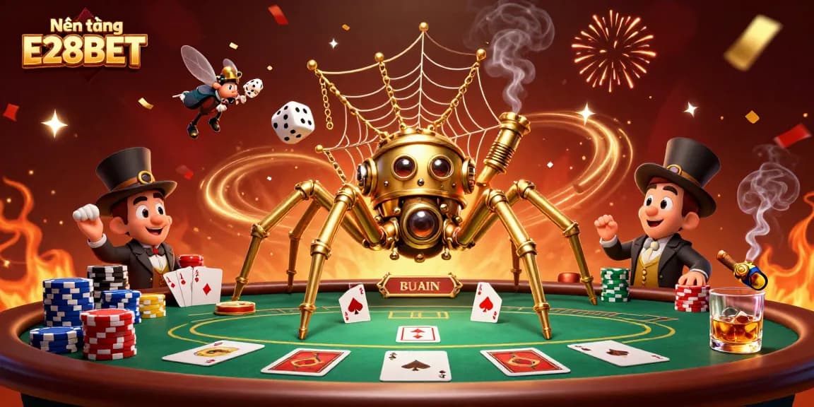 Nền tảng E28BET offers an immersive gaming experience featuring a detailed steampunk spider web of poker elements.