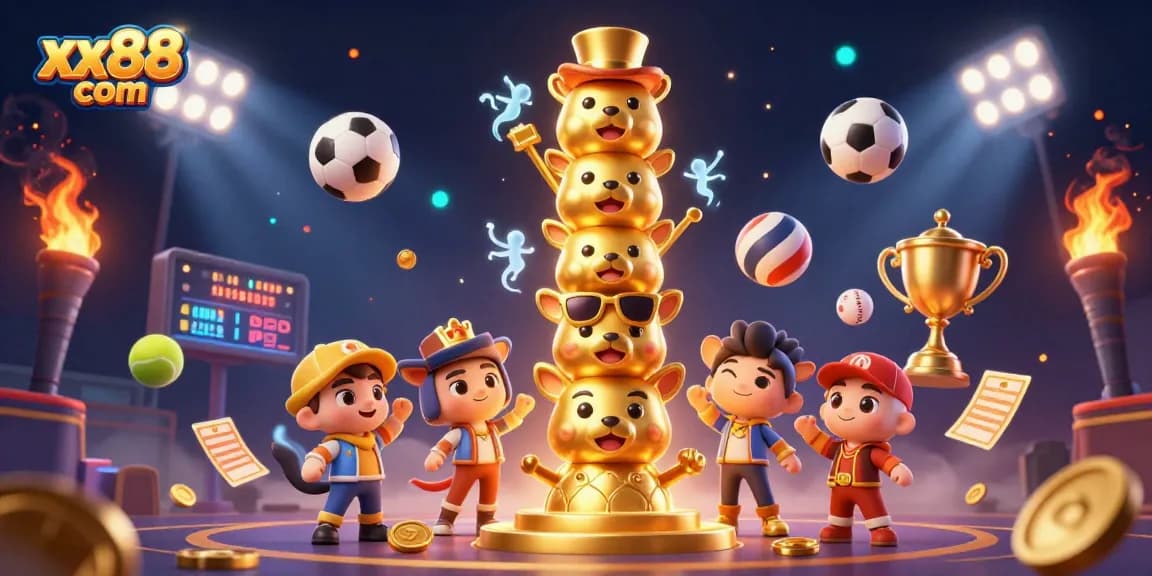 Engage in thrilling bets with xx88 com at this vibrant casino illustration featuring animated totem poles and sports elements.