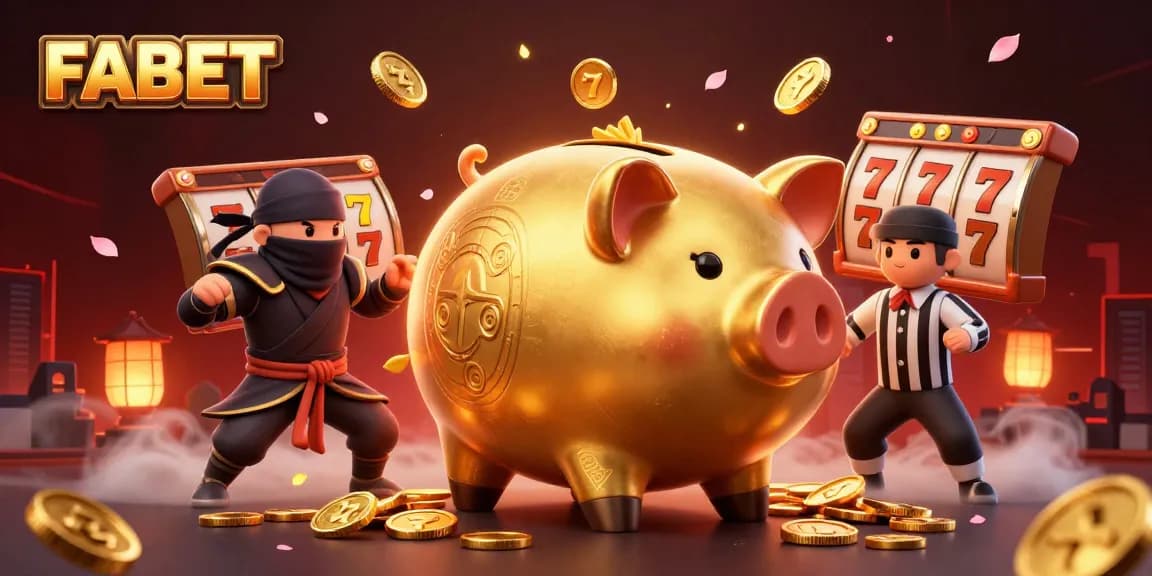Experience FABET's vibrant casino world with a golden piggy bank sumo wrestler amidst dynamic slot reels.