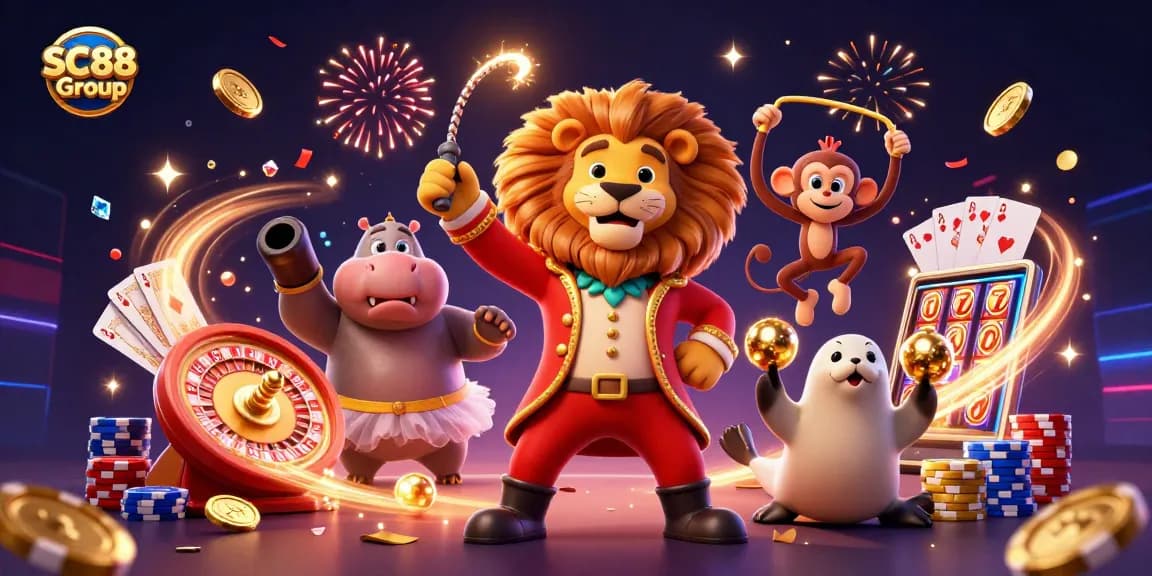 Celebrate wins with SC88 Group in this vibrant 3D casino illustration featuring iconic characters.