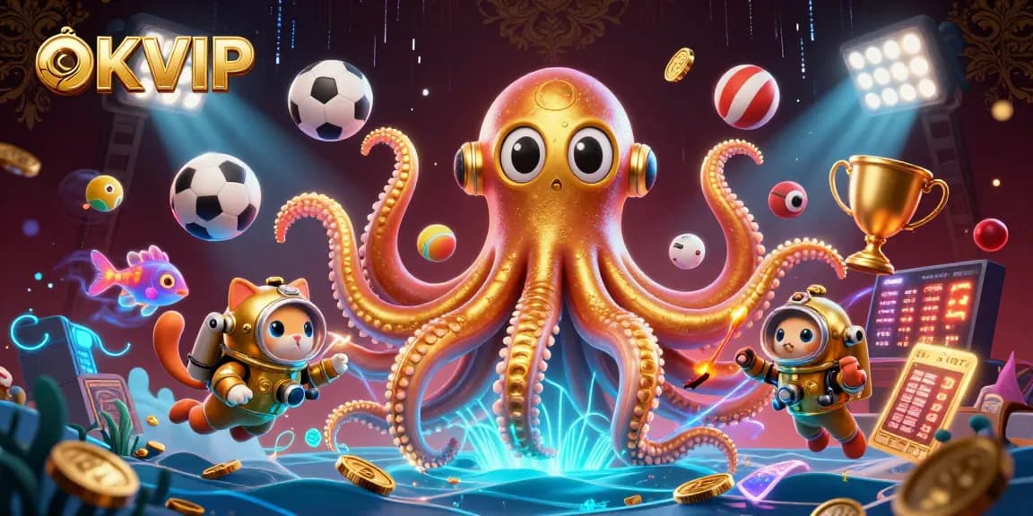 Experience the thrill of OKVIP with a vibrant 3D illustration showcasing sports betting excitement and a dynamic ocean scene.