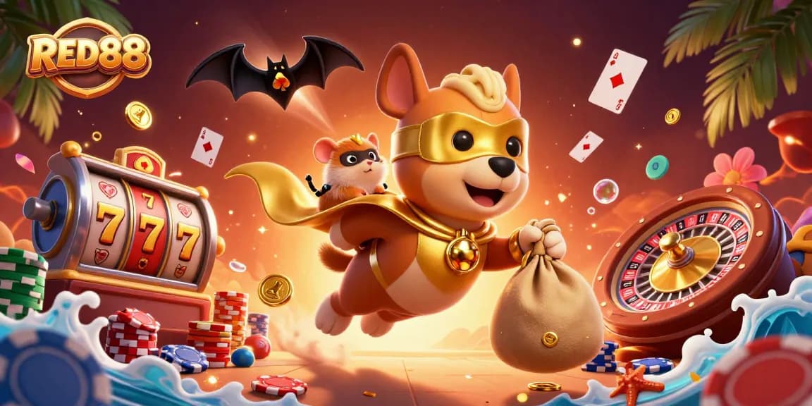 Experience the excitement of RED88 casino adventures with our cartoon heroes amid a vibrant gambling scene.