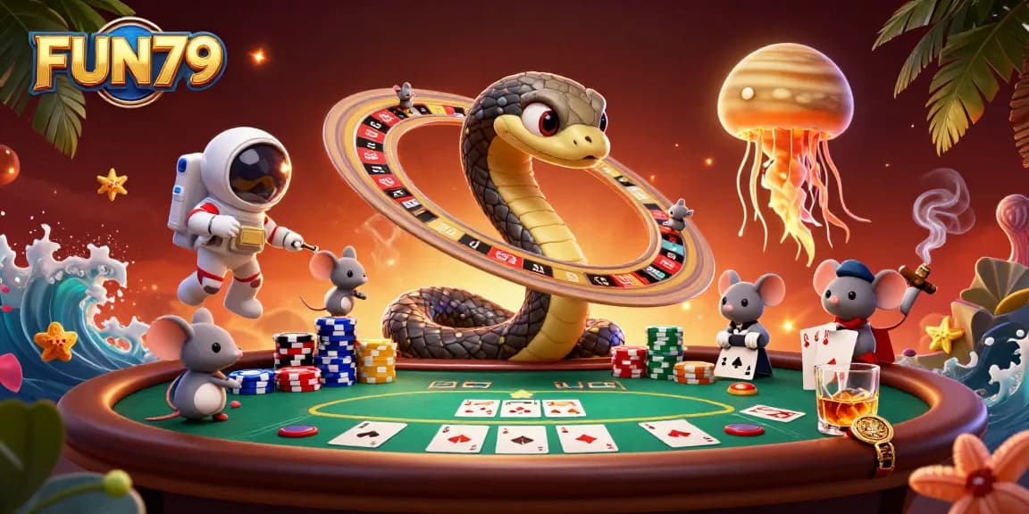 Engaged players enjoy FUN79 betting with vibrant casino elements in a stellar cosmic scene.