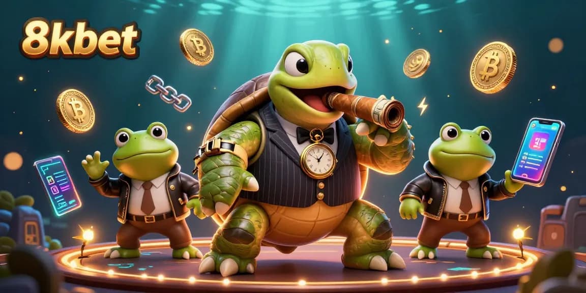 Engage with the vibrant world of 8kbet as a cartoon turtle mobster and bullfrog enforcers illuminate the casino scene.
