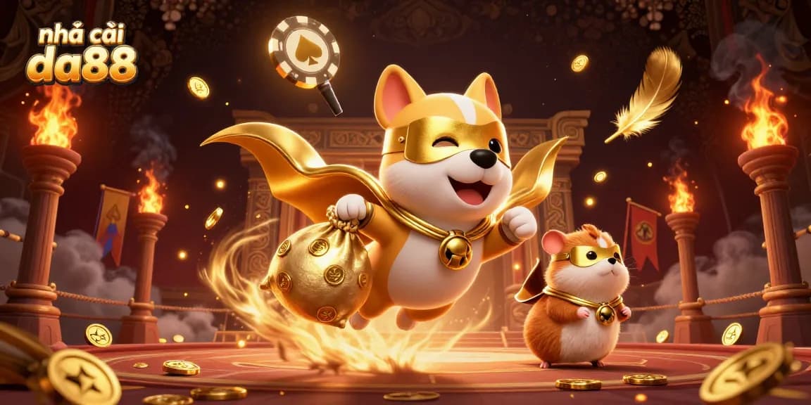Experience the excitement of nhà cái da88 with a dynamic 3D casino scene featuring a superhero dog and vibrant casino elements.