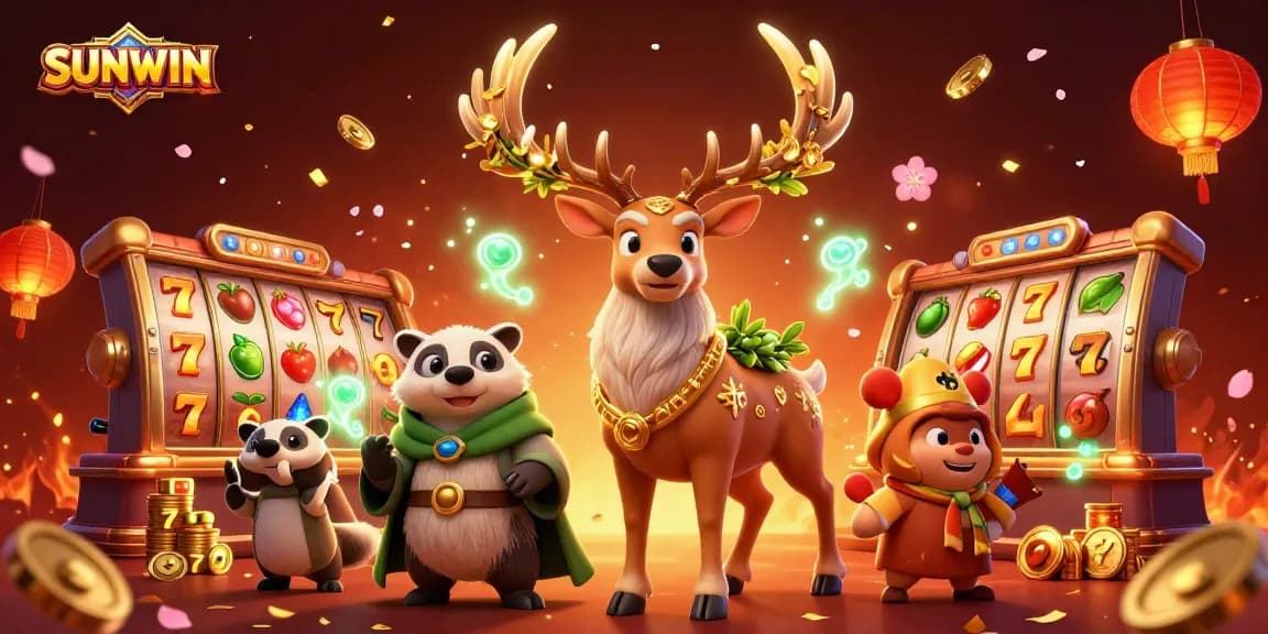 SUNWIN captivates players with a vibrant casino scene featuring a druid stag and dynamic slot elements.