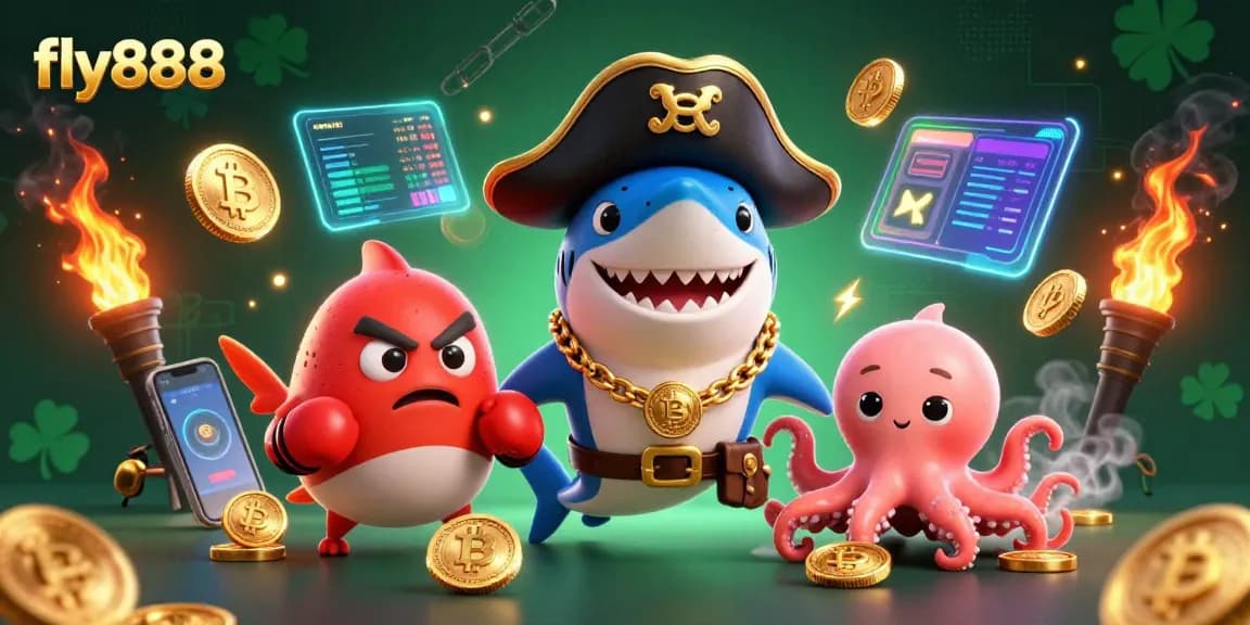 Experience entertainment and excitement with fly888 featuring a dynamic pirate shark, pufferfish, and octopus in a vibrant casino scene.