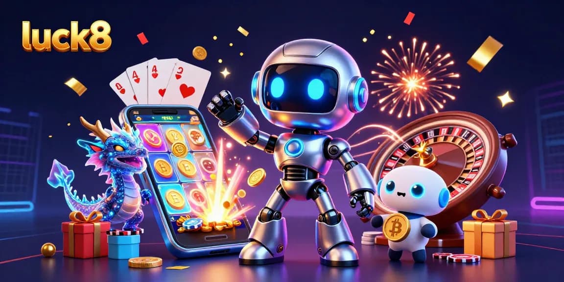 Experience luck8’s vibrant gaming world with a neon robot, AI dragon, and bitcoin drone amidst exciting slot games and festive effects.