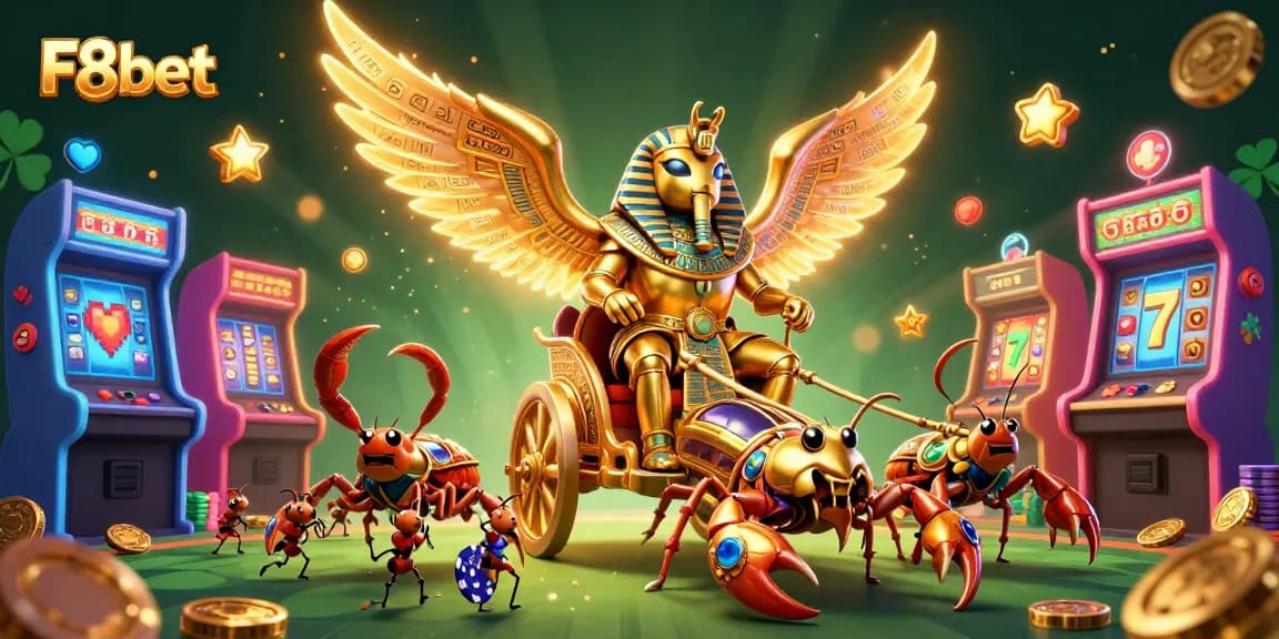 Experience F8bet's gaming excitement with a dynamic scene featuring a majestic scarab beetle and thrilling casino games.