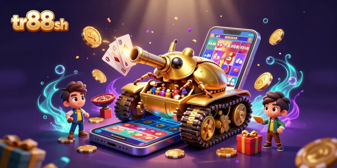 Experience winning excitement at tr88 sh featuring a golden beetle tank casino, confetti, and vibrant slot action.