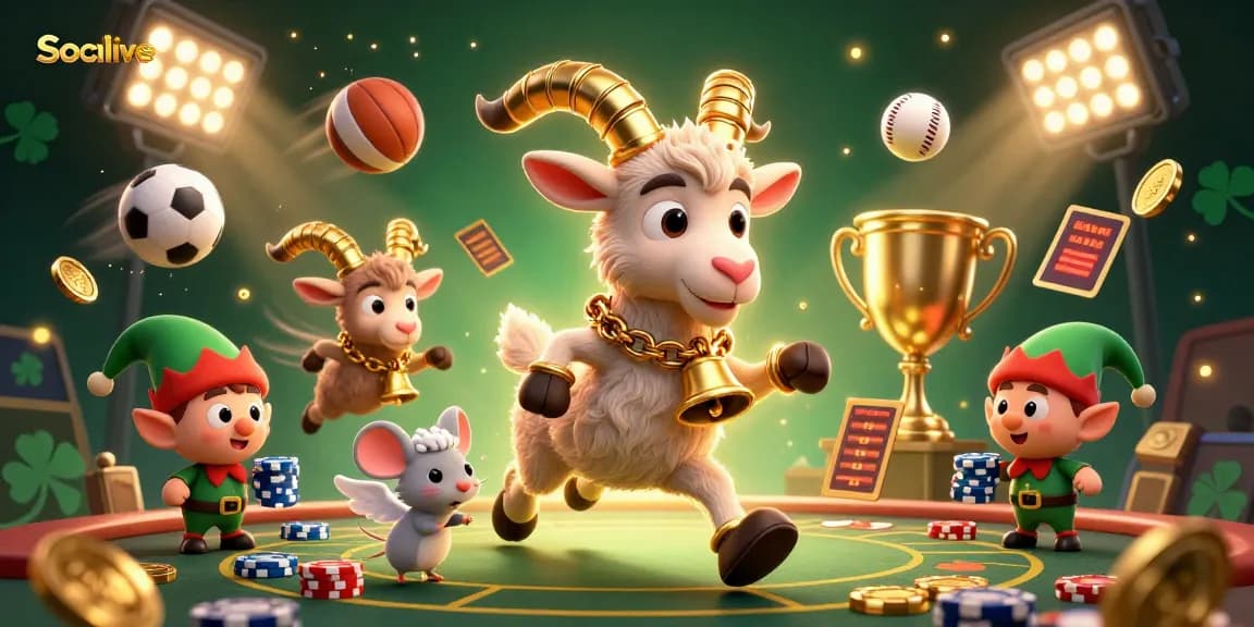 Socolive showcases a lively casino scene with Krampus, an angel mouse, and gremlins amidst dynamic sports imagery.
