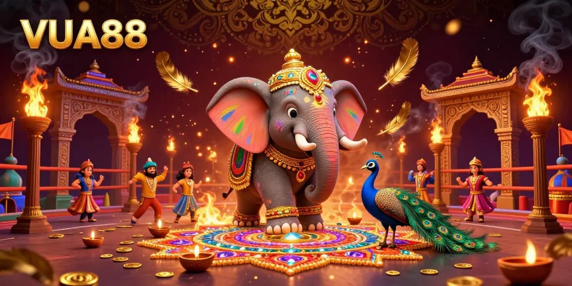 Experience the vibrant VUA88 casino scene with a Diwali-themed elephant and peacock amidst gold coins and dynamic elements.