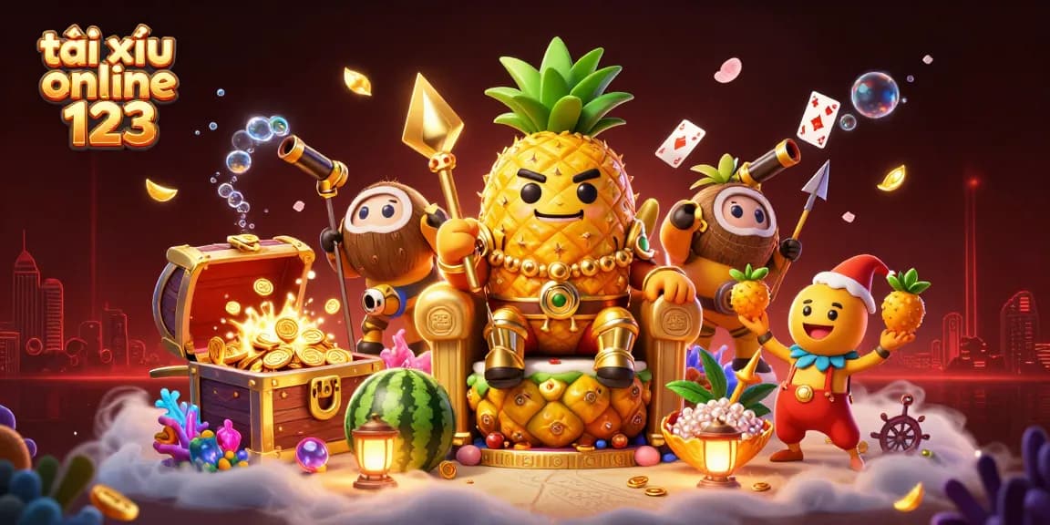 Engage with the vibrant casino scene featuring tài xỉu online 123, where the golden pineapple king and his companions celebrate winnings amidst floating treasures.