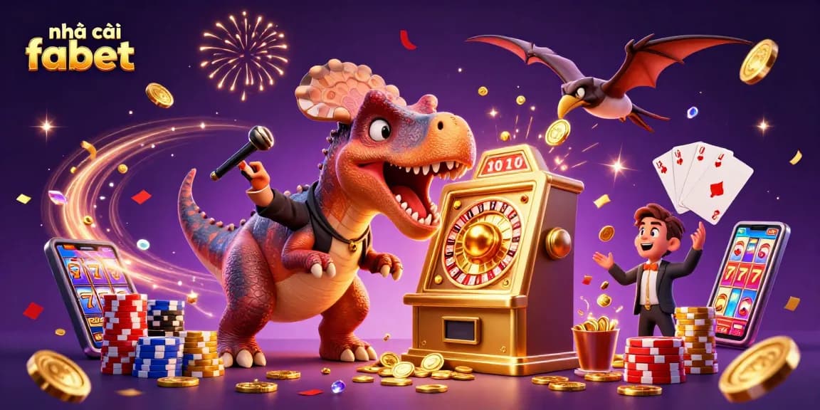 Engaging scene of nhà cái fabet with prehistoric characters interacting with a casino slot machine and flying coins.