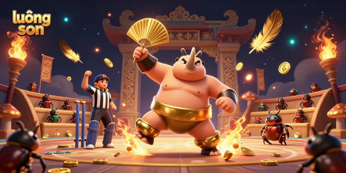 Engage with lương sơn as the sumo champion beetle triumphantly stomps in a vibrant sports betting arena.