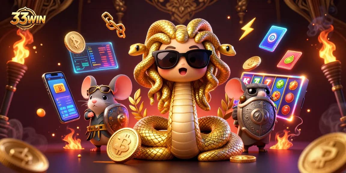 Engage with 33WIN's vibrant gaming scene, featuring Medusa and a warrior mouse amid crypto elements.