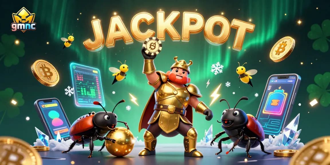 Engage with gmnc's victory in casino gaming, celebrating winnings with vibrant characters and crypto elements.