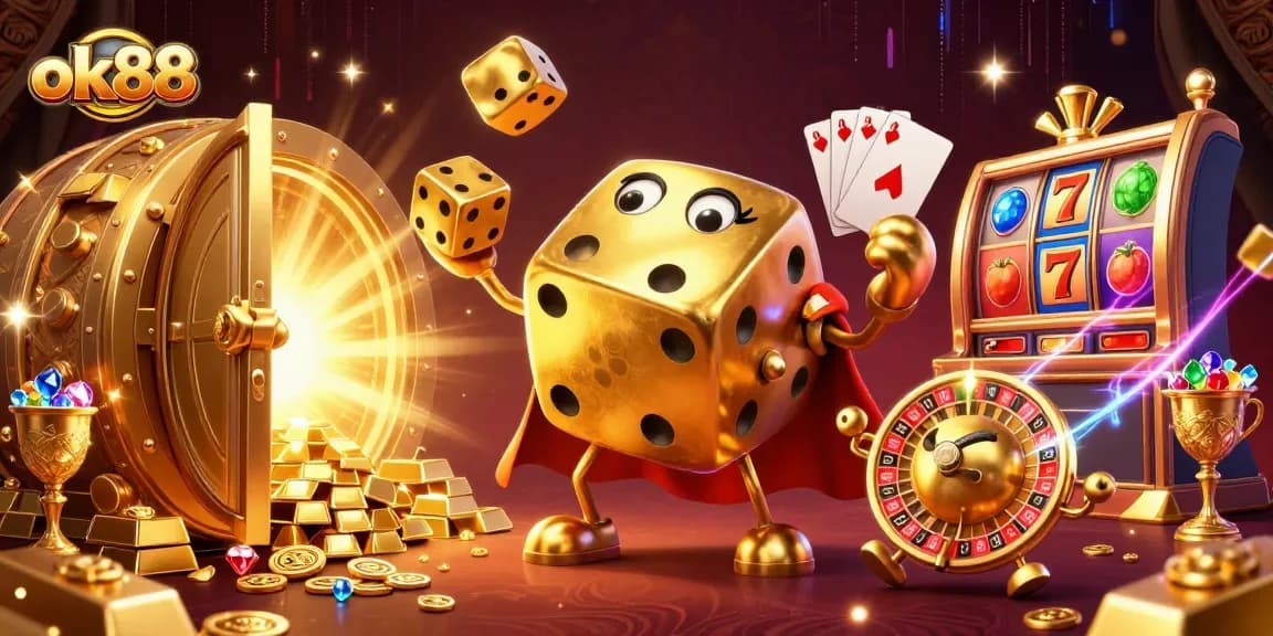 Experience the thrill of ok88 with playful golden dice and vibrant slot elements spinning in action.