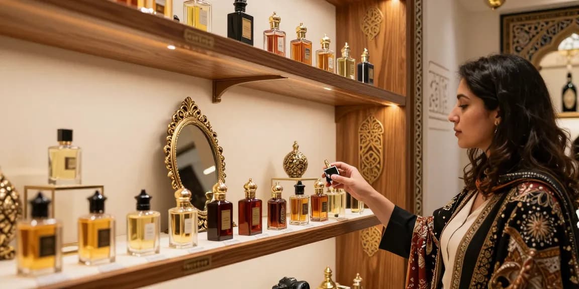 Een klant kiest een Arabisch parfum in een elegante parfumwinkel.