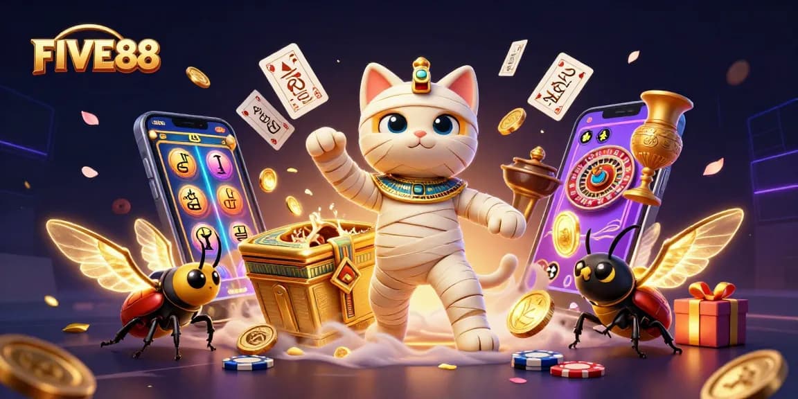 Experience thrilling wins at FIVE88 with this vibrant 3D illustration showcasing unique gaming elements.