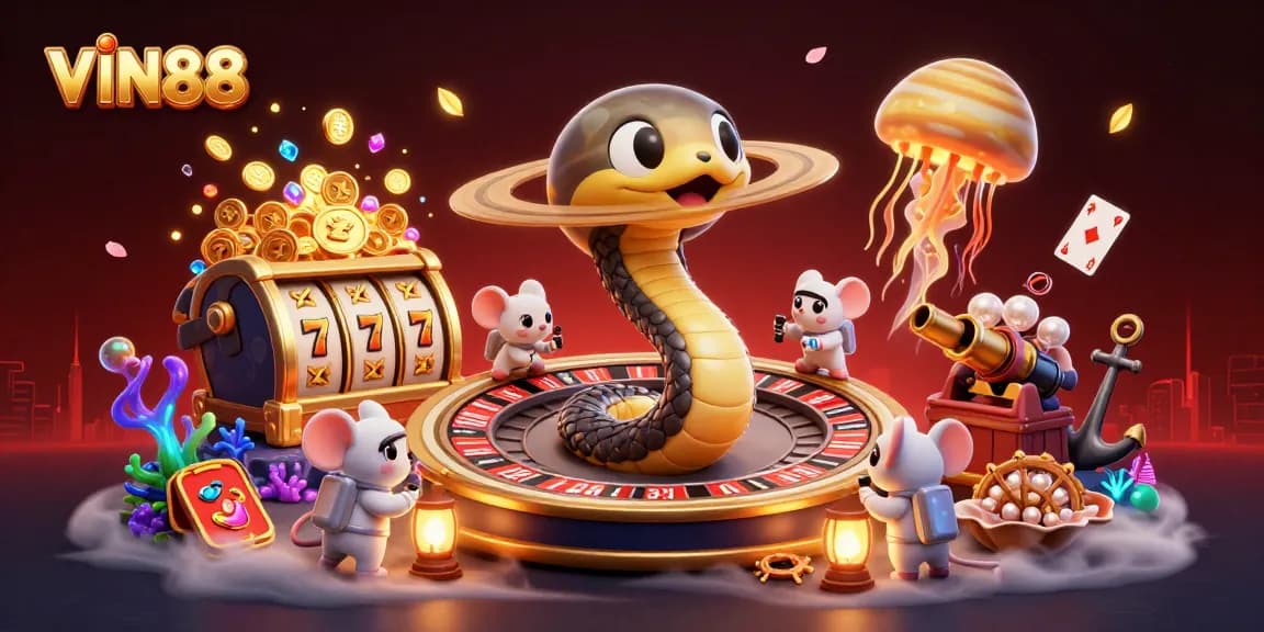Experience thrilling gambling at VIN88 with interactive slot reels and a unique cosmic dealer.