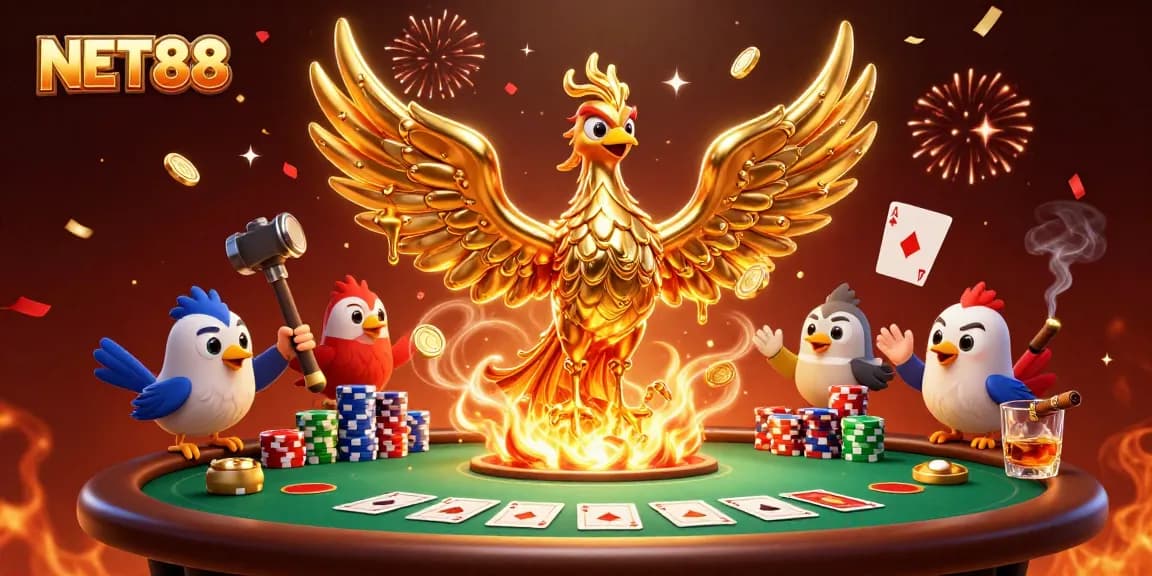 NET88 showcasing a molten metal phoenix and poker elements, celebrating casino wins.