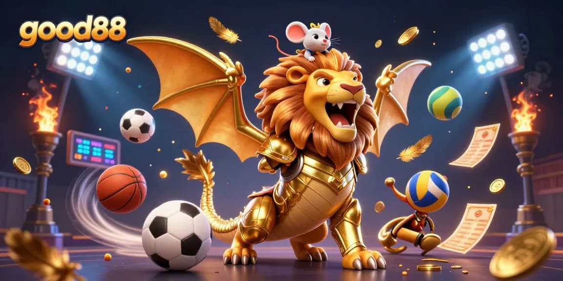 Experience the thrill with good88's vibrant betting scene featuring a triumphant chimera and dynamic sports elements.