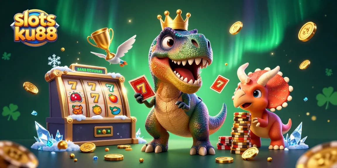 Engage with slots ku88's exciting 3D cartoon gaming scene featuring a T-Rex as it shuffles cards.