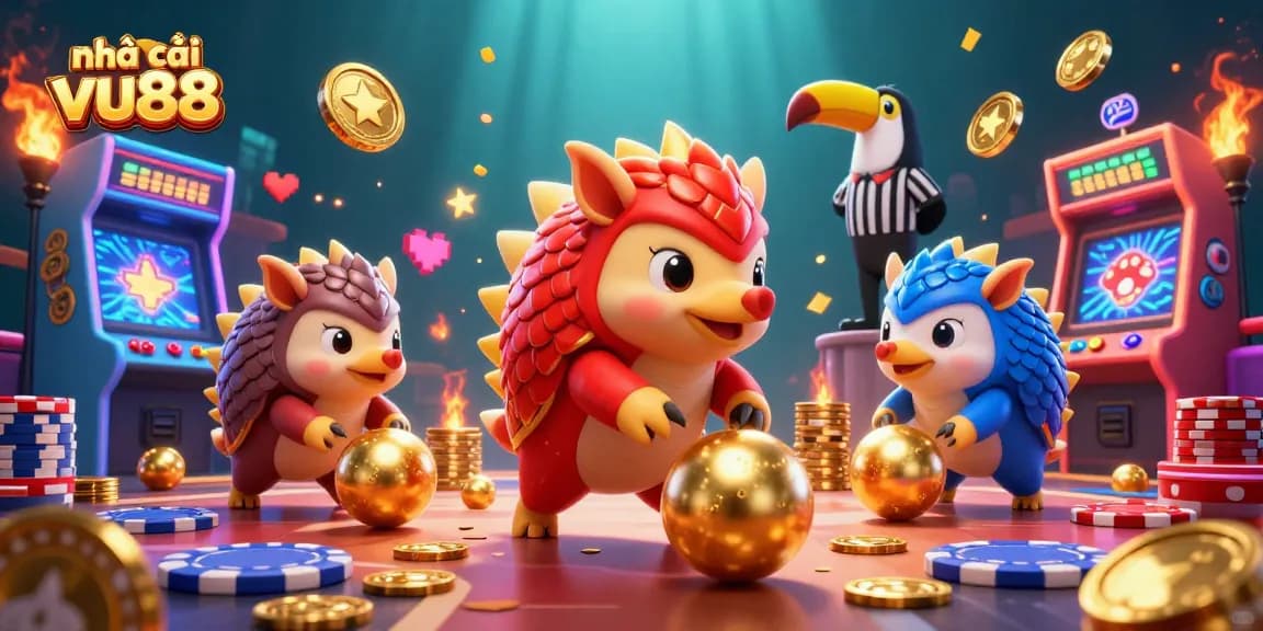 Engage with nhà cái vu88 as rival pangolins compete in a vibrant casino arcade scene.