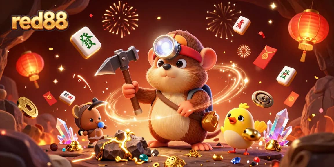 Engage with red88's vibrant gaming adventure featuring a treasure hunter and a canary amidst sparkling riches.