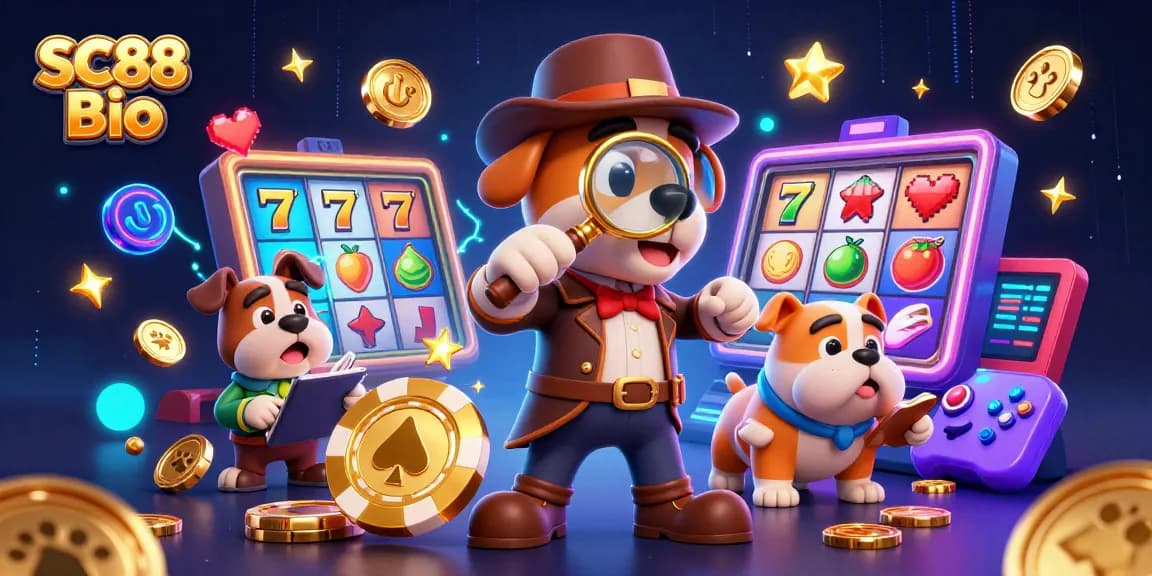 SC88 Bio showcases a detective and bulldog exploring a treasure of vibrant casino elements.