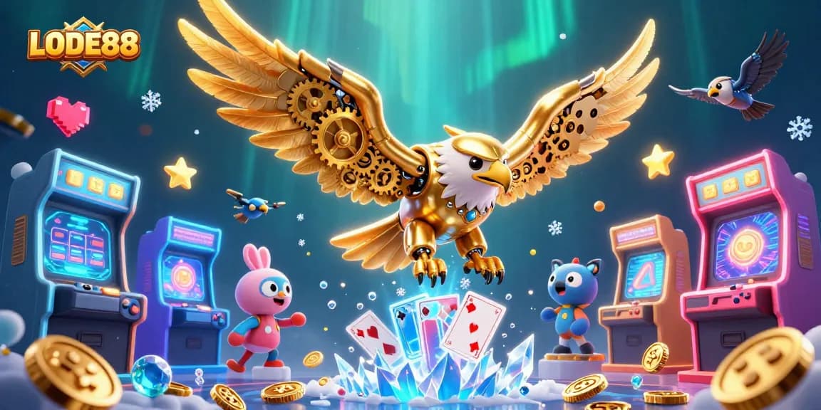 Experience LODE88's excitement with a golden eagle diving through holographic cards and vibrant gaming elements.