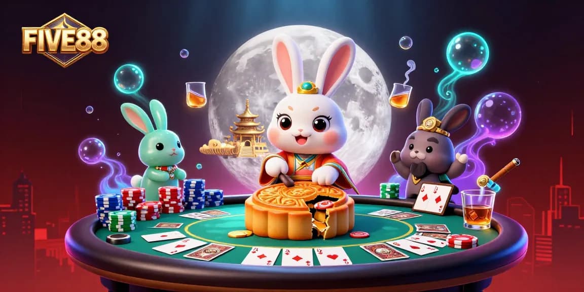Participate in thrilling poker scenes with FIVE88 while the moon rabbit celebrates by crafting mooncakes.