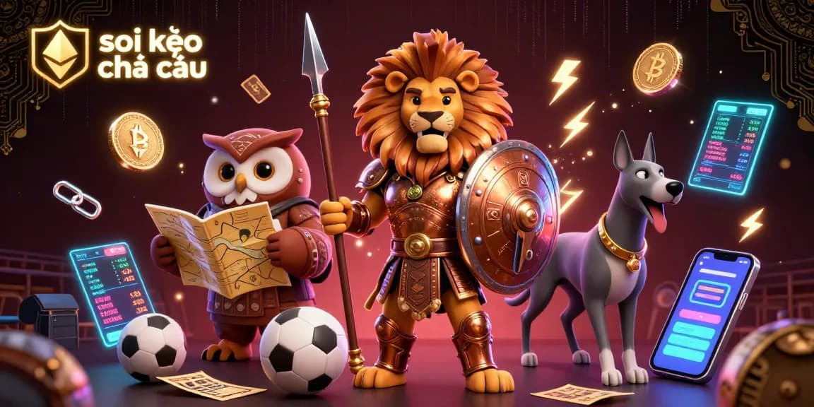 Experience the excitement of soi kèo nhà cái with vibrant characters in a dynamic sports betting scene surrounded by Bitcoin and Ethereum coins.