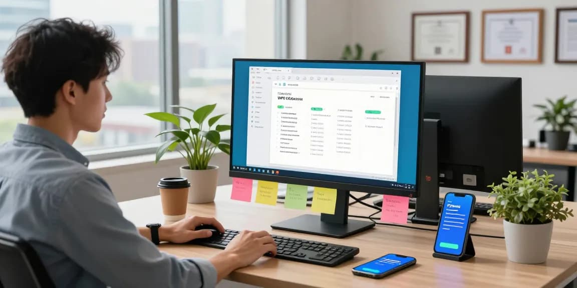 Download WPS Office in a modern office workspace with a professional engaging with productivity tools.