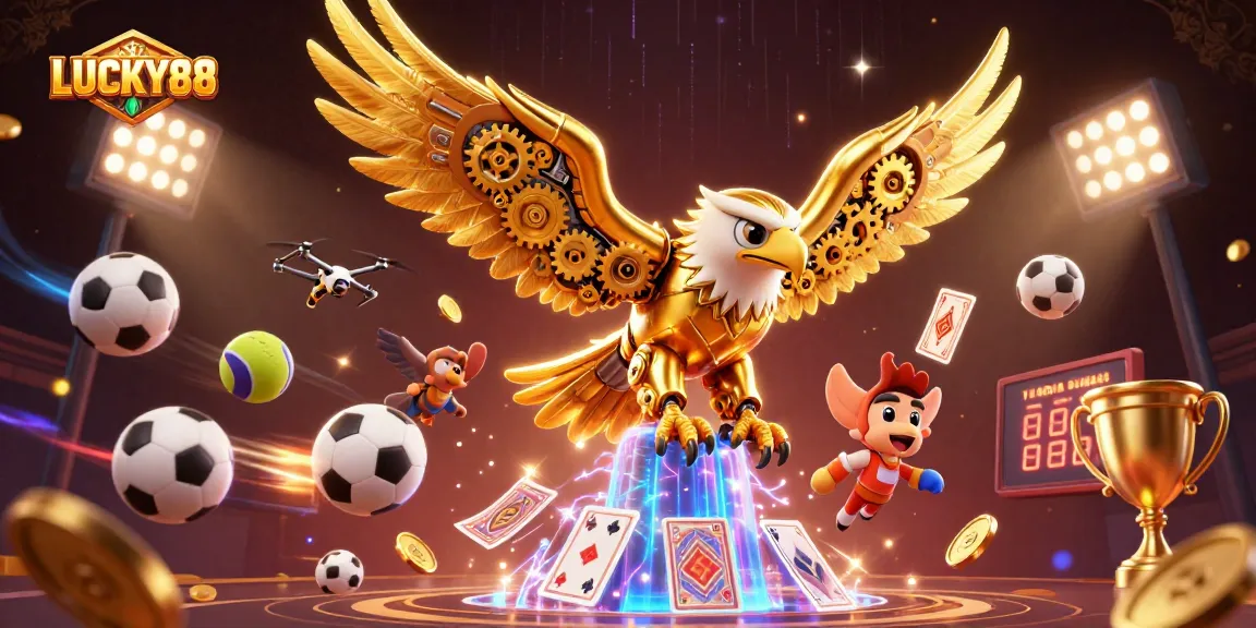 LUCKY88 showcases a dynamic 3D illustration with a golden eagle amidst flying playing cards and sports balls