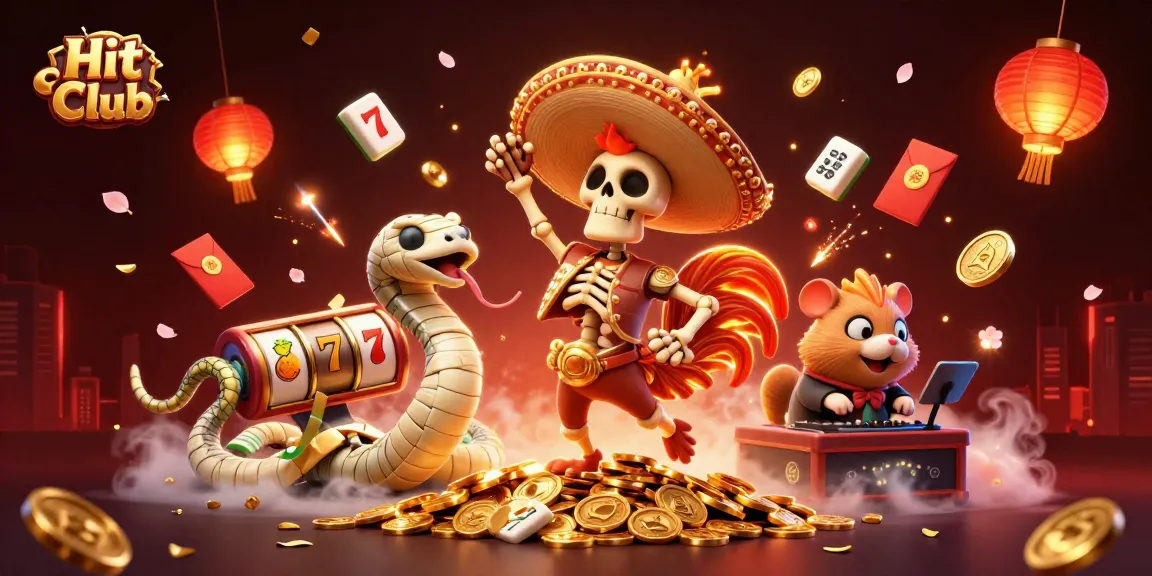 Experience the excitement of Hit Club with vibrant characters, slots, and festive elements in a dynamic 3D scene.