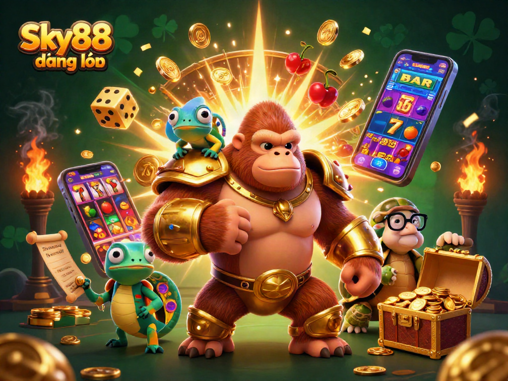 Sky88 đăng nhập showcases a vibrant scene with a gorilla king, chameleon spy, and gambling elements exploding in action.