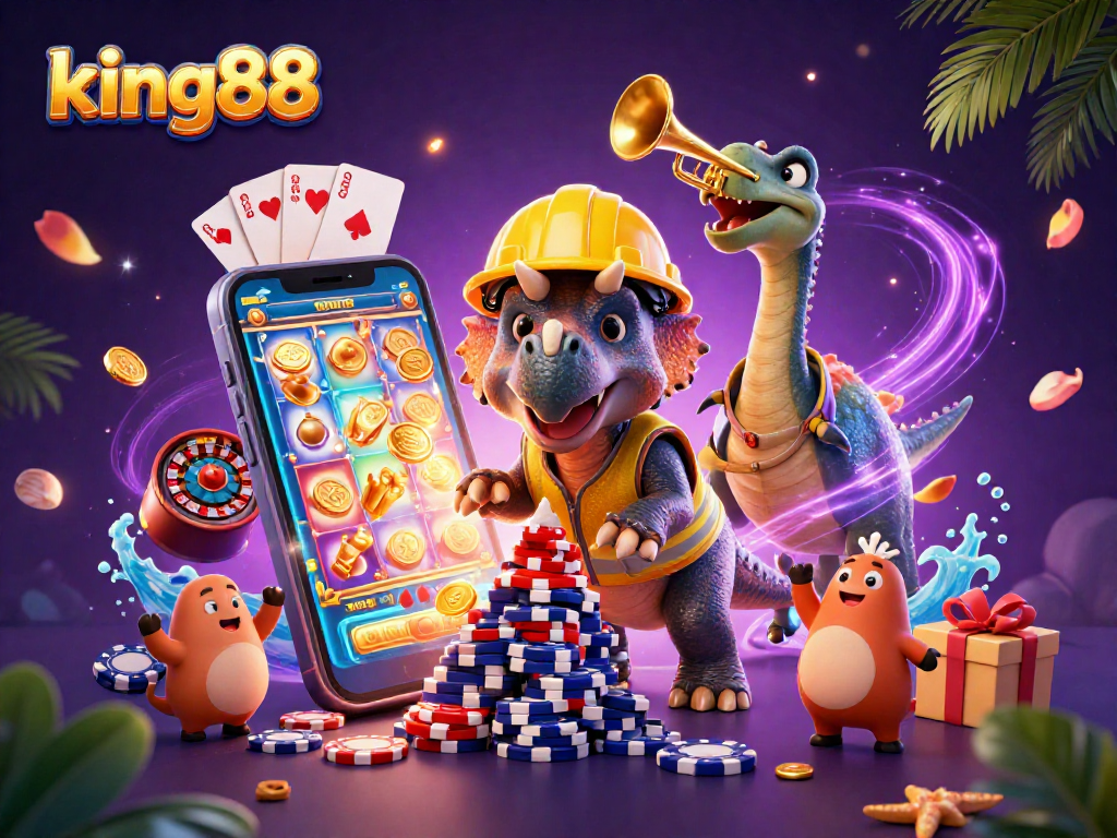 king88 celebrates with a vibrant 3D scene showcasing a triceratops and a parasaurolophus amidst casino elements.