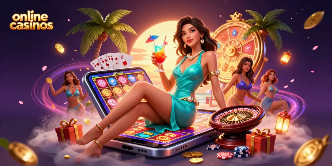 Experience thrilling online casinos in a vibrant beach setting with glamorous characters and exciting gaming elements.