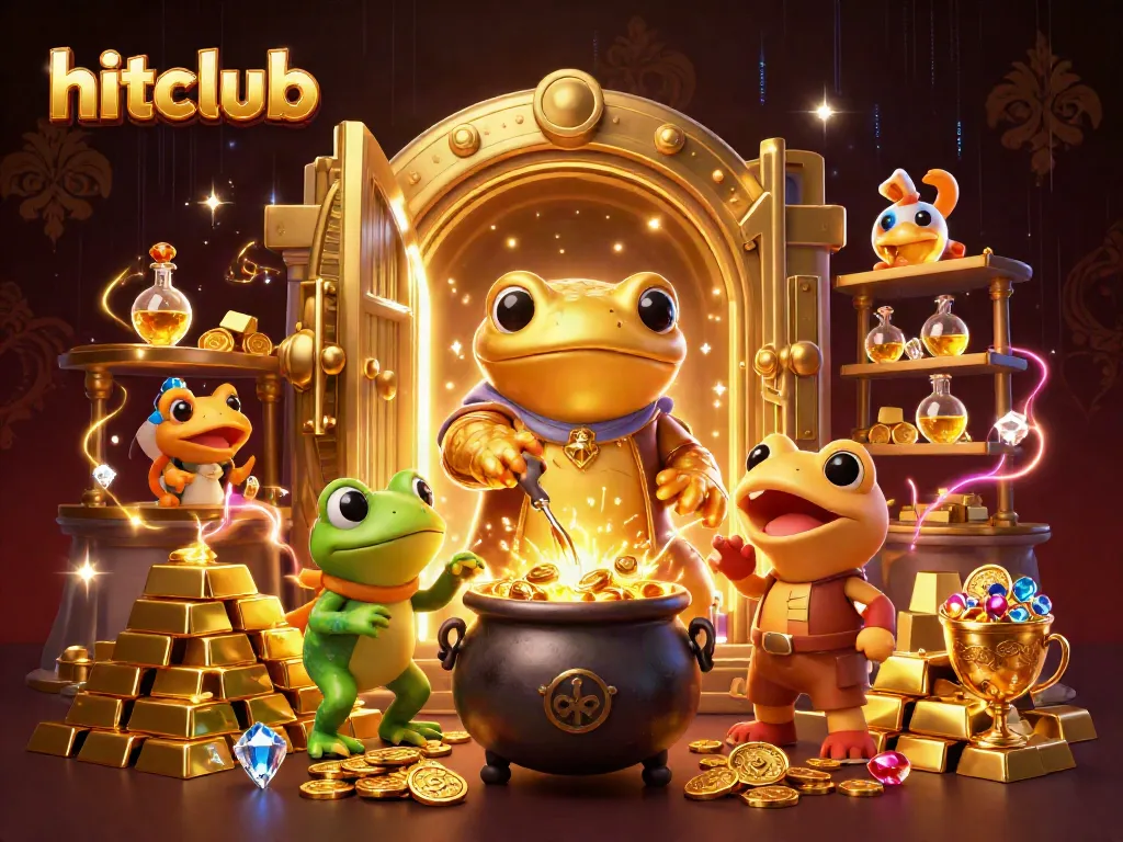 Experience thrilling winnings with hitclub's 3D cartoon illustration showcasing gold coins and gem treasures.
