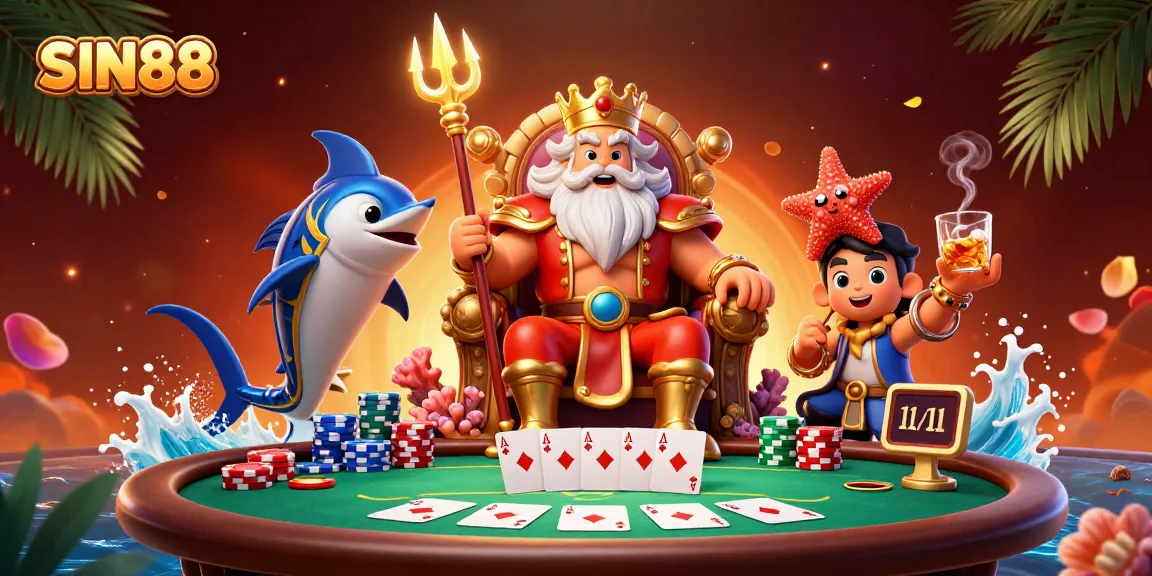 SIN88 offers thrilling poker action with vibrant characters, including sea king Neptune, in this dynamic casino illustration.