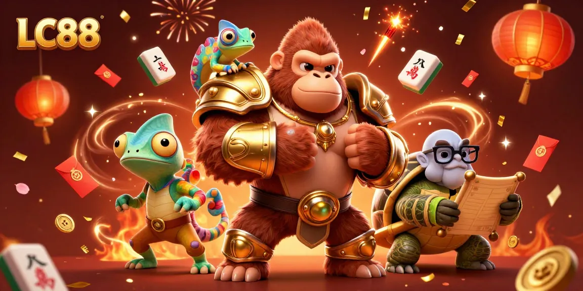 Win big with LC88: a vibrant scene showcasing a gorilla king and companions in a daring casino adventure.