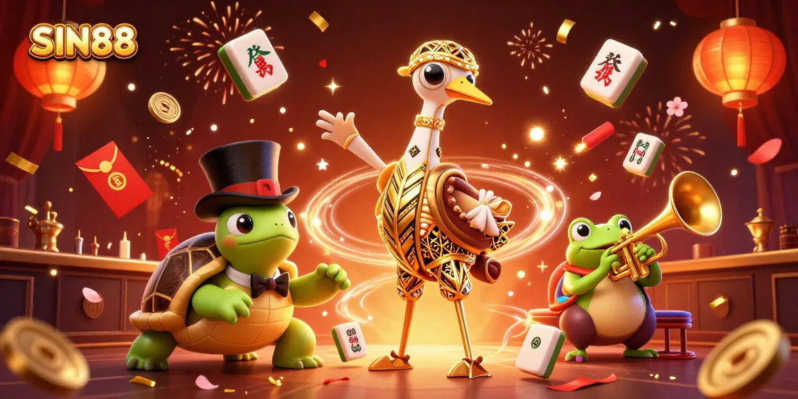SIN88 engaging players with a vibrant 3D casino scene, showcasing festive elements and fun characters