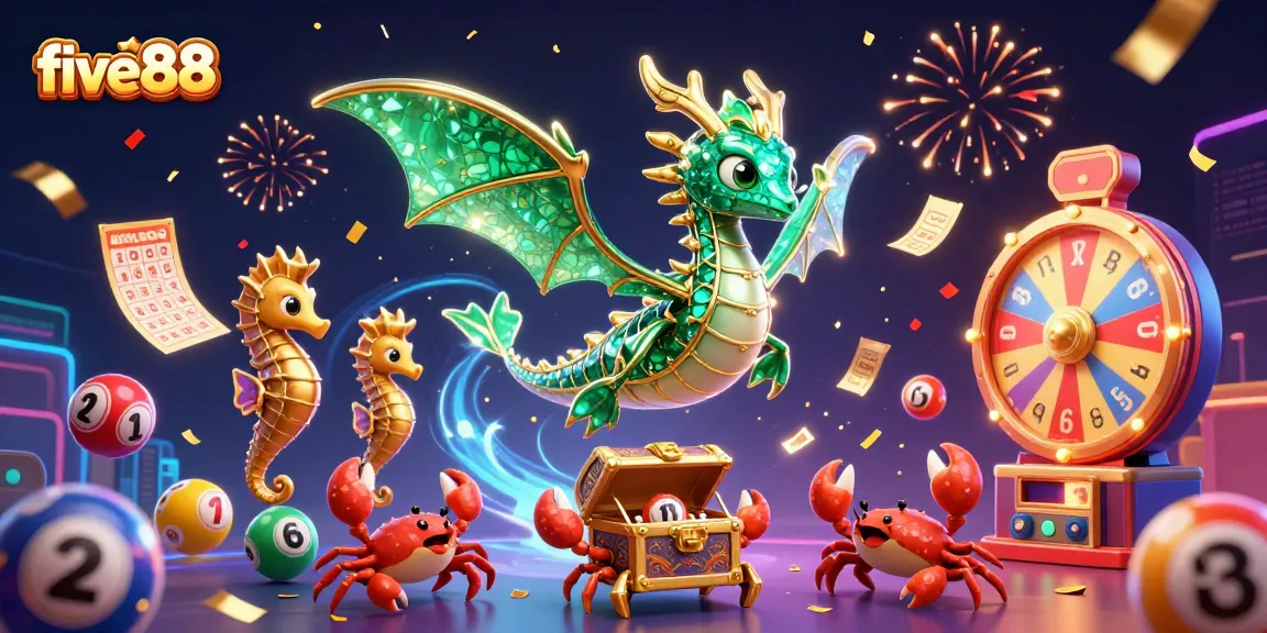 Experience the thrill of five88 with a vibrant 3D sea dragon, colorful lottery elements, and ecstatic confetti highlights.